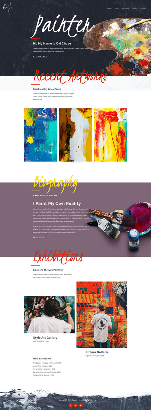 web design homepage full page layout template about a painter