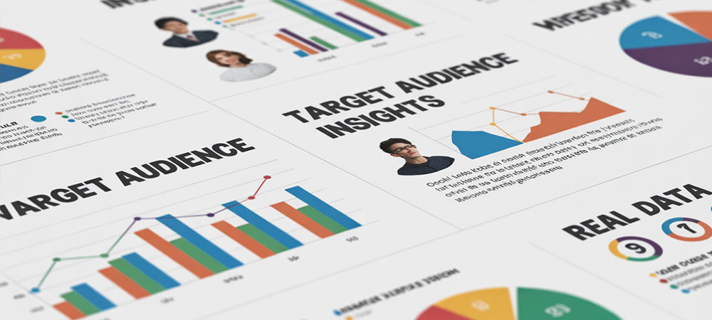 A professional infographic design displaying
colorful data visualizations and audience analytics on a clean white background. The layout features multiple charts including bar graphs, pie charts, and demographic breakdowns with vibrant blues, greens, and orange accent colors, alongside profile icons representing different audience segments. Bold headers read "Target Audience Insights" and "Real Data Analytics" in modern sans-serif typography, with smaller text blocks containing key statistics and findings. The overall composition has a corporate yet approachable style with plenty of white space, subtle drop shadows, and a polished business presentation aesthetic.
