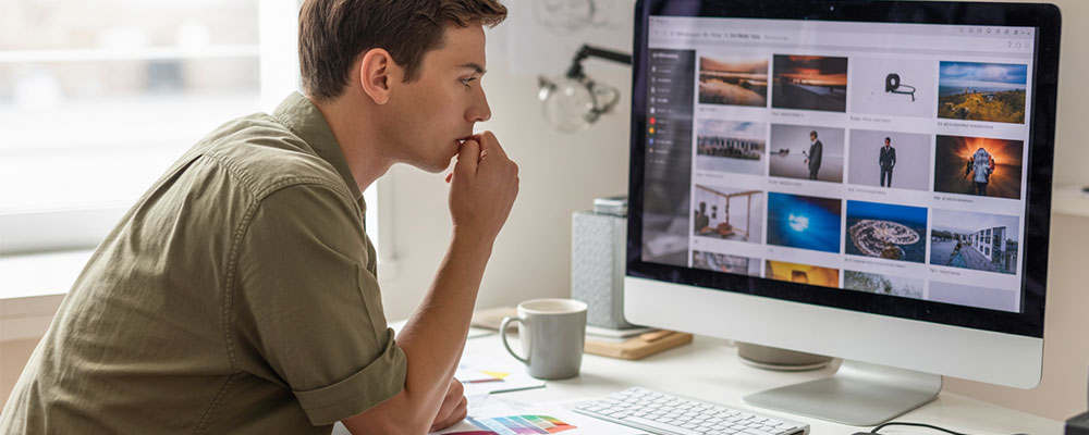 A photograph of a young graphic designer sitting at a modern desk, intently browsing through royalty-free stock photo websites on a large computer monitor. The designer has short brown hair and wears a casual button-up shirt, leaning forward slightly while scrolling through thumbnail images of landscapes, business scenes, and lifestyle photos. Their workspace features clean white surfaces, a coffee mug, scattered design sketches, and a tablet with color swatches, all bathed in soft natural light from a nearby window. The computer screen displays a professional stock photo platform interface with multiple image thumbnails and search filters visible.