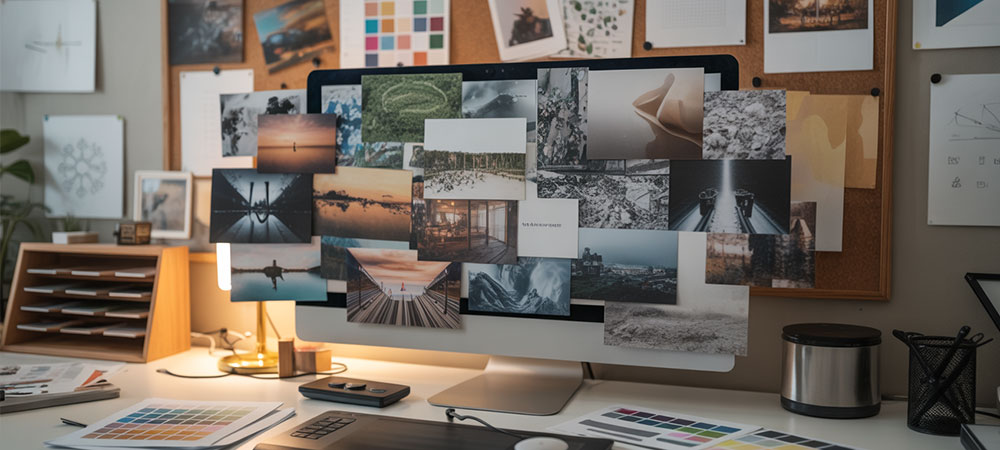 A digital art collage showcasing a creative multimedia project spread across a modern designer's workspace. The composition features layered royalty-free photographs blending seamlessly with video stills—nature scenes, urban landscapes, and abstract textures—arranged in an artistic mosaic on a large computer monitor and scattered as printed materials. The workspace includes design tools like a graphics tablet, color swatches, and mood boards pinned to a cork wall, all bathed in soft studio lighting. The overall aesthetic conveys innovation and creative flow, with warm ambient lighting highlighting the professional yet inspiring atmosphere of digital content creation.