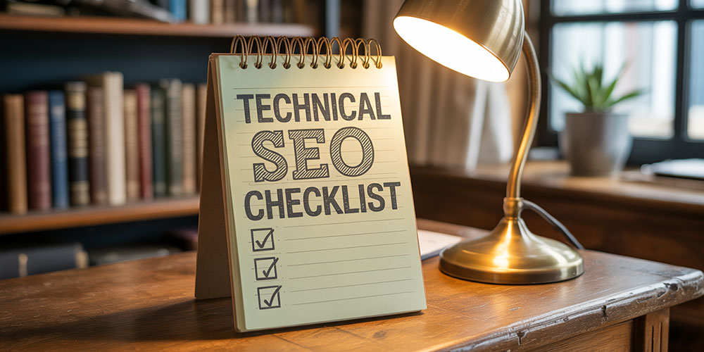 A photograph of a vintage notepad displaying the
words "TECHNICAL SEO CHECKLIST" in clear black lettering on a pale yellow background. The notepad sits on a weathered wooden desk alongside a brass desk lamp casting a warm glow across the pages and highlighting a few checkmarks already filled in. Behind the notepad, a blurred bookshelf filled with antique books and a single potted succulent adds depth and context to the scene. Soft natural light streams in from a window, creating a sense of focused productivity and organized strategy.