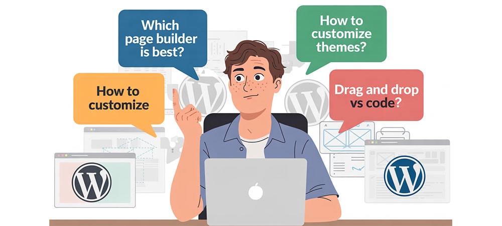 Illustration of a person asking questions about WordPress page builders with voice bubbles showing FAQs.