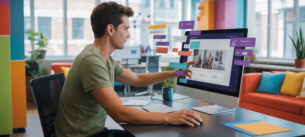 A photograph of a focused person sitting at a sleek computer workstation in a modern, vibrant office space filled with colorful accent walls and contemporary furniture. The person is actively building a website using a drag-and-drop interface, with their hands positioned over a wireless mouse and keyboard as various UI elements appear to float and move across the large monitor screen. The computer display shows a website builder with colorful blocks, images, and text components being arranged in real-time, creating a dynamic sense of digital creativity. The office environment features bright natural light streaming through large windows, potted plants, and energetic pops of orange, teal, and lime green throughout the space.
