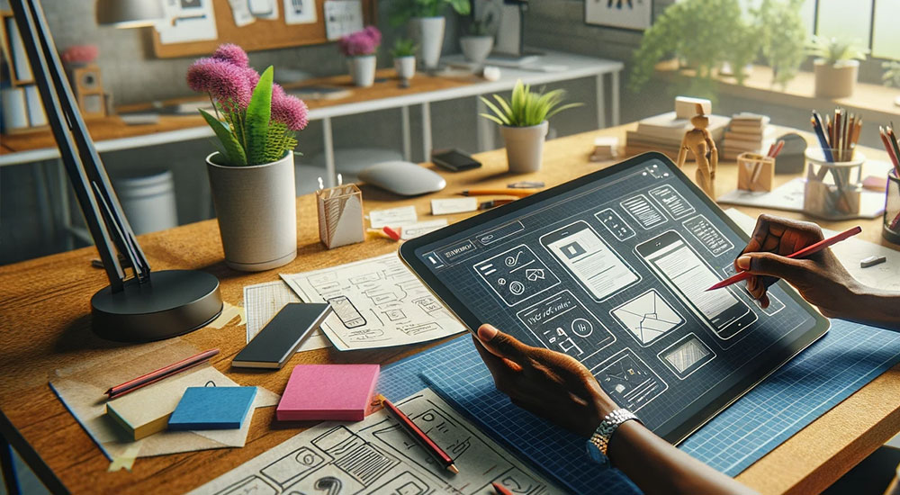 putting the user first is a part of the UX UI design principles. Illustration of man creating user experience on a tablet