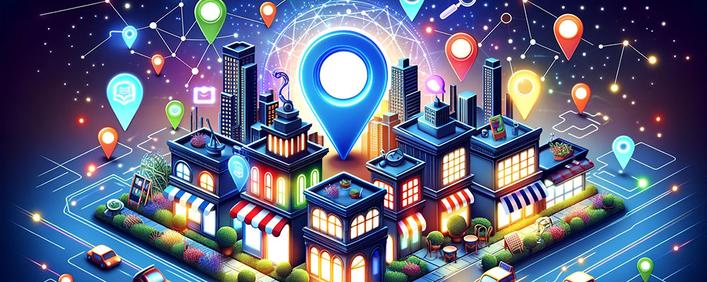 illustration symbolizing local SEO with a vibrant cityscape and digital icons.