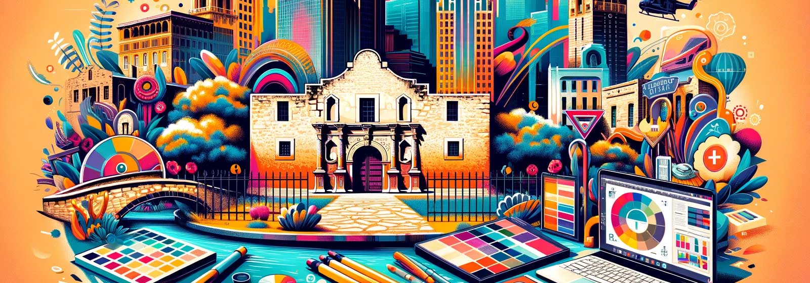 Banner for 'Graphic Design San Antonio' featuring iconic landmarks and graphic design elements on a vibrant background.