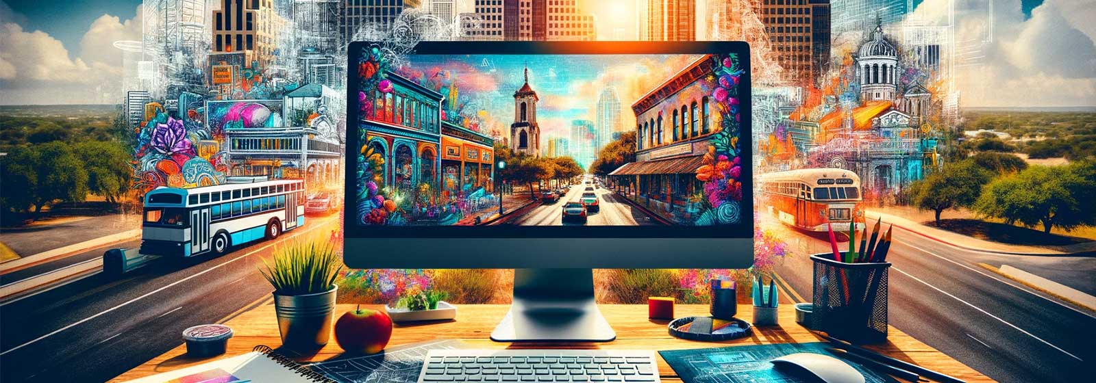 Web design workspace showcasing a San Antonio-themed website, blending iconic landmarks with digital design elements. Captures the integration of local culture into creative web solutions, highlighting San Antonio's influence on innovative design.