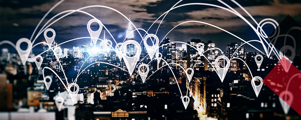 cityscape with map icons throughout the city indicating the different businesses showing up