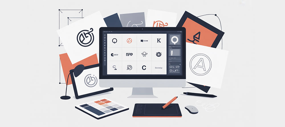 A modern vector illustration showcasing logo design services with clean, professional styling. The central focus features a designer's workspace with a sleek computer monitor displaying various logo concepts in progress, including geometric shapes, typography samples, and brand symbols arranged in a grid layout. Surrounding the workspace are design tools like a graphics tablet, color swatches, and sketched logo variations on paper, all rendered in a minimalist flat design style with a sophisticated color palette of navy blue, coral orange, and crisp white. The background incorporates subtle geometric patterns and floating design elements like bezier curves and anchor points, creating a sense of creativity and technical precision.