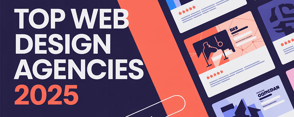 A sleek infographic design featuring a modern layout with bold typography displaying "Top Web Design Agencies 2025" as the main headline. The graphic uses a contemporary color palette of deep navy blue, bright coral, and crisp white, with geometric shapes and clean lines creating visual hierarchy. Multiple placeholder agency sections are arranged in an elegant grid format, each containing stylized portfolio thumbnails, rating stars, and brief descriptive text blocks. The background features subtle gradient overlays and minimalist design elements like dotted patterns and thin accent lines, giving the overall composition a professional, tech-forward aesthetic perfect for digital marketing materials.