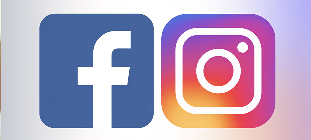 A modern digital illustration featuring the iconic logos of Facebook and Instagram side by side against a clean gradient background. The Facebook logo displays its distinctive lowercase "f" in classic blue (#1877F2), while the Instagram logo showcases its camera-inspired square icon with the signature rainbow gradient from purple to pink to orange. Both logos are rendered with subtle drop shadows and slight dimensional depth, positioned at equal heights with balanced spacing. The background transitions from a soft white to light gray, creating a professional social media branding composition perfect for marketing materials or app interfaces.