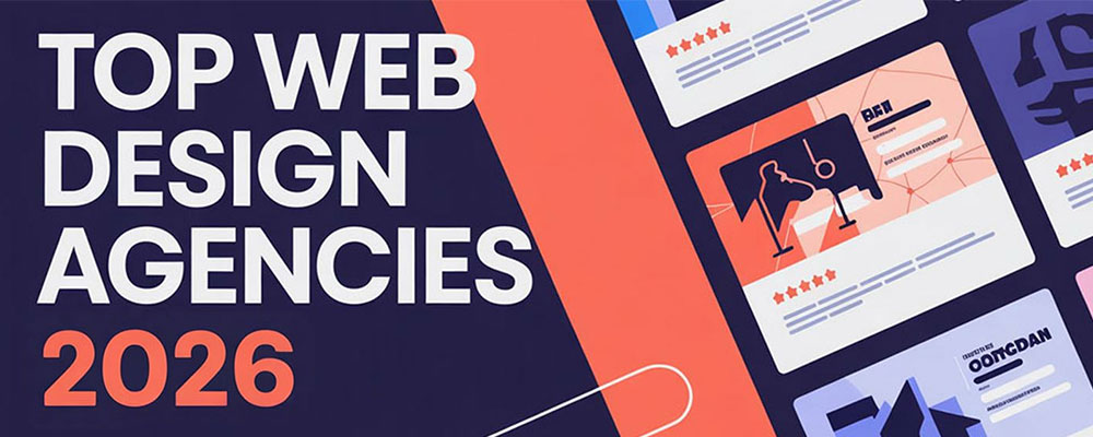 A sleek infographic design featuring a modern layout with bold typography displaying "Top Web Design Agencies 2025" as the main headline. The graphic uses a contemporary color palette of deep navy blue, bright coral, and crisp white, with geometric shapes and clean lines creating visual hierarchy. Multiple placeholder agency sections are arranged in an elegant grid format, each containing stylized portfolio thumbnails, rating stars, and brief descriptive text blocks. The background features subtle gradient overlays and minimalist design elements like dotted patterns and thin accent lines, giving the overall composition a professional, tech-forward aesthetic perfect for digital marketing materials.
